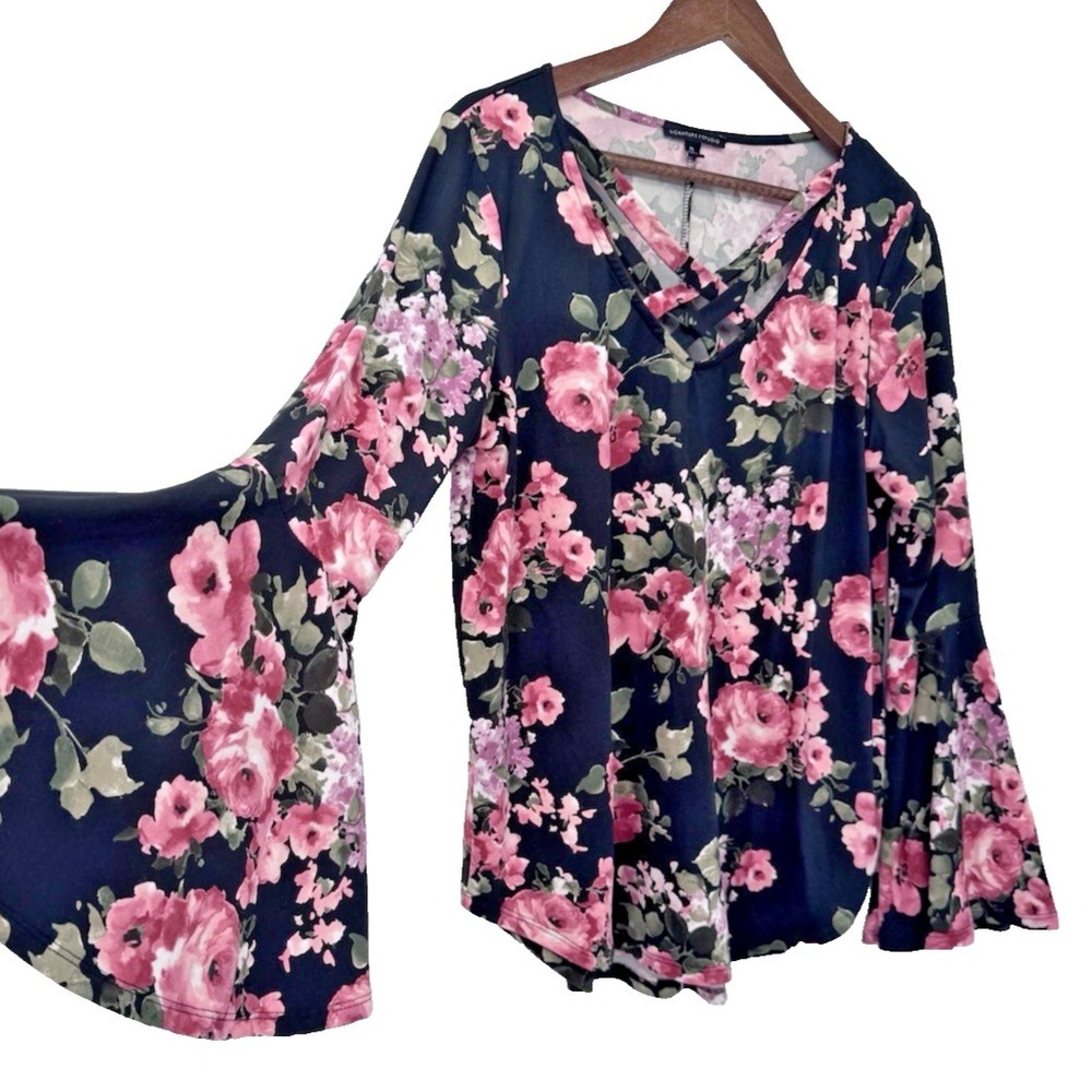 Black floral Wide Bell Flare Sleeve Y2K Boho Fairy Romantic crisscross neck XL